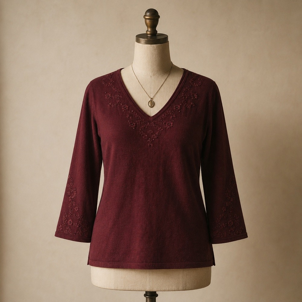 Laura Ashley Burgundy Silk Blend Embroidered Beaded VNeck Top L Coquette Elegant